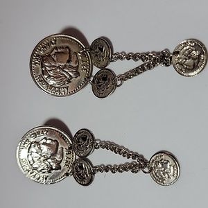 Alexandria the Great 327 BC faux coin dangle pierced earrings 3"x 1'  silvertone